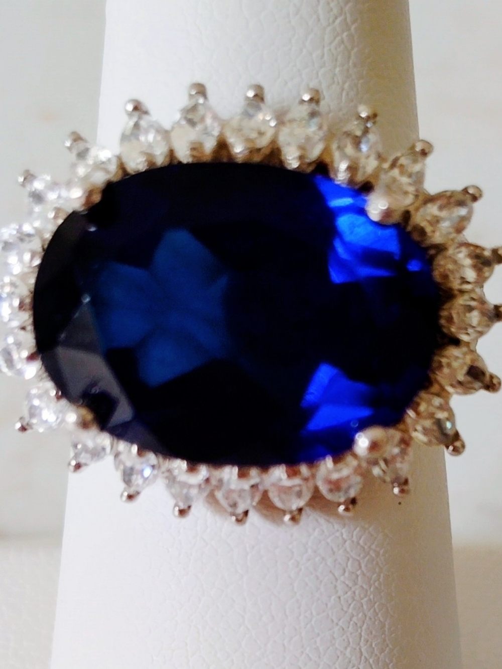 Lab Grown Blue Sapphire Oval Halo Ring East-West Princess Diana Sz 7 Sterling - Picture 2 of 4